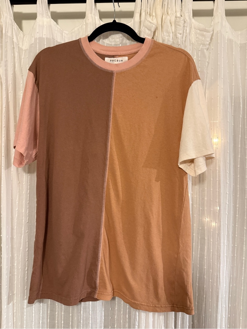 PacSun Men's Split Colorblock Short Sleeve Tee — Brown, Tan & Pink